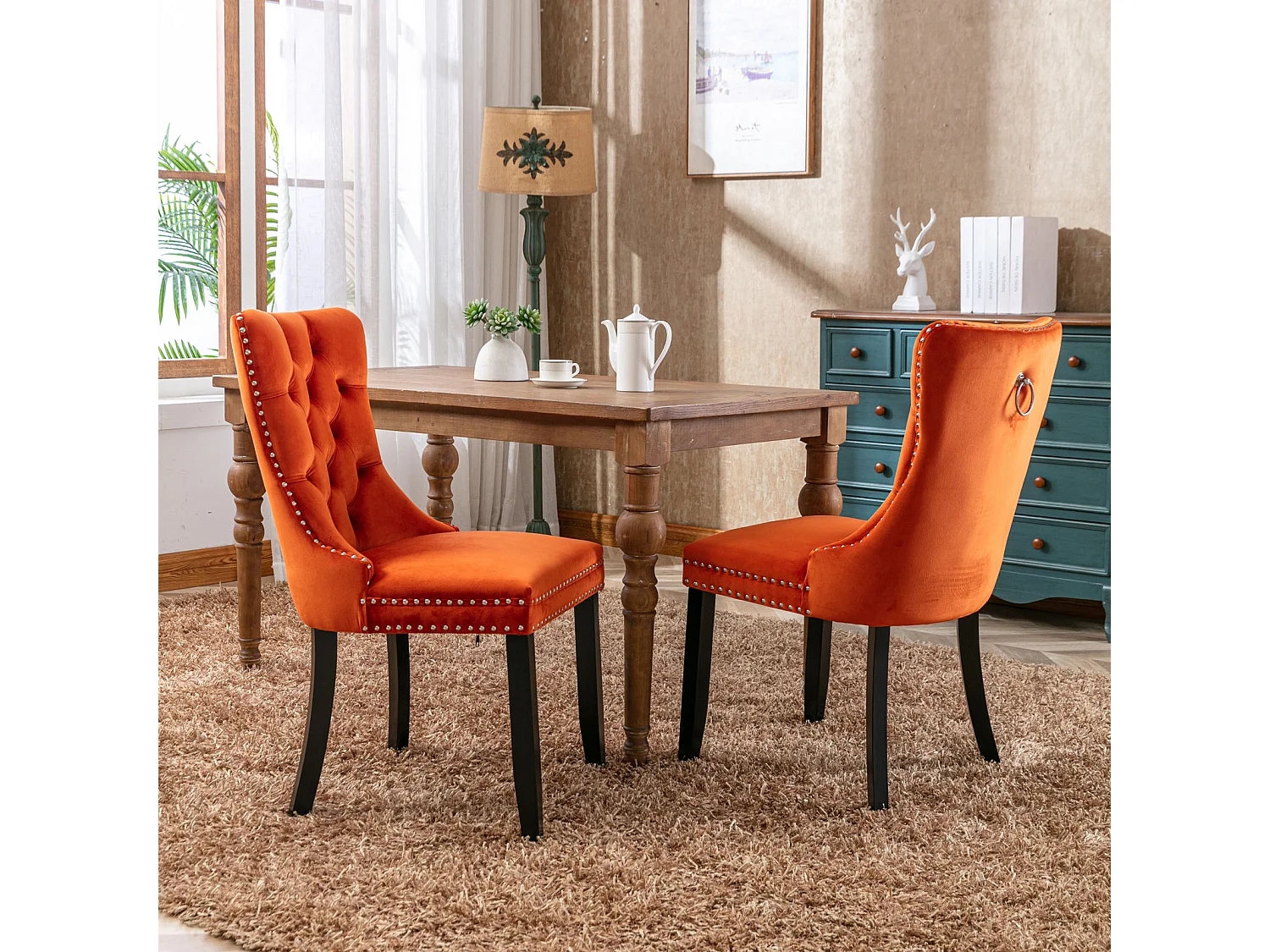 Set van 2 fluwelen stoelen - Houten poten en decoratieve nagels - Oranje kleur