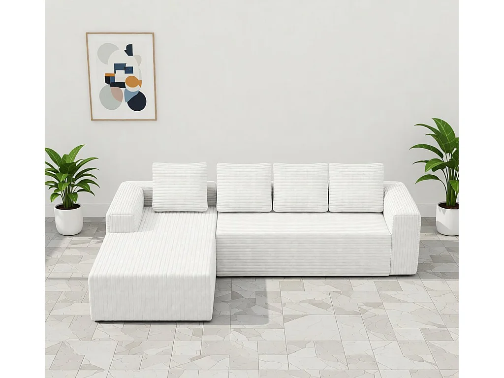 Canapé d'angle 4 places avec méridienne - Velours côtelé blanc (sans montage)