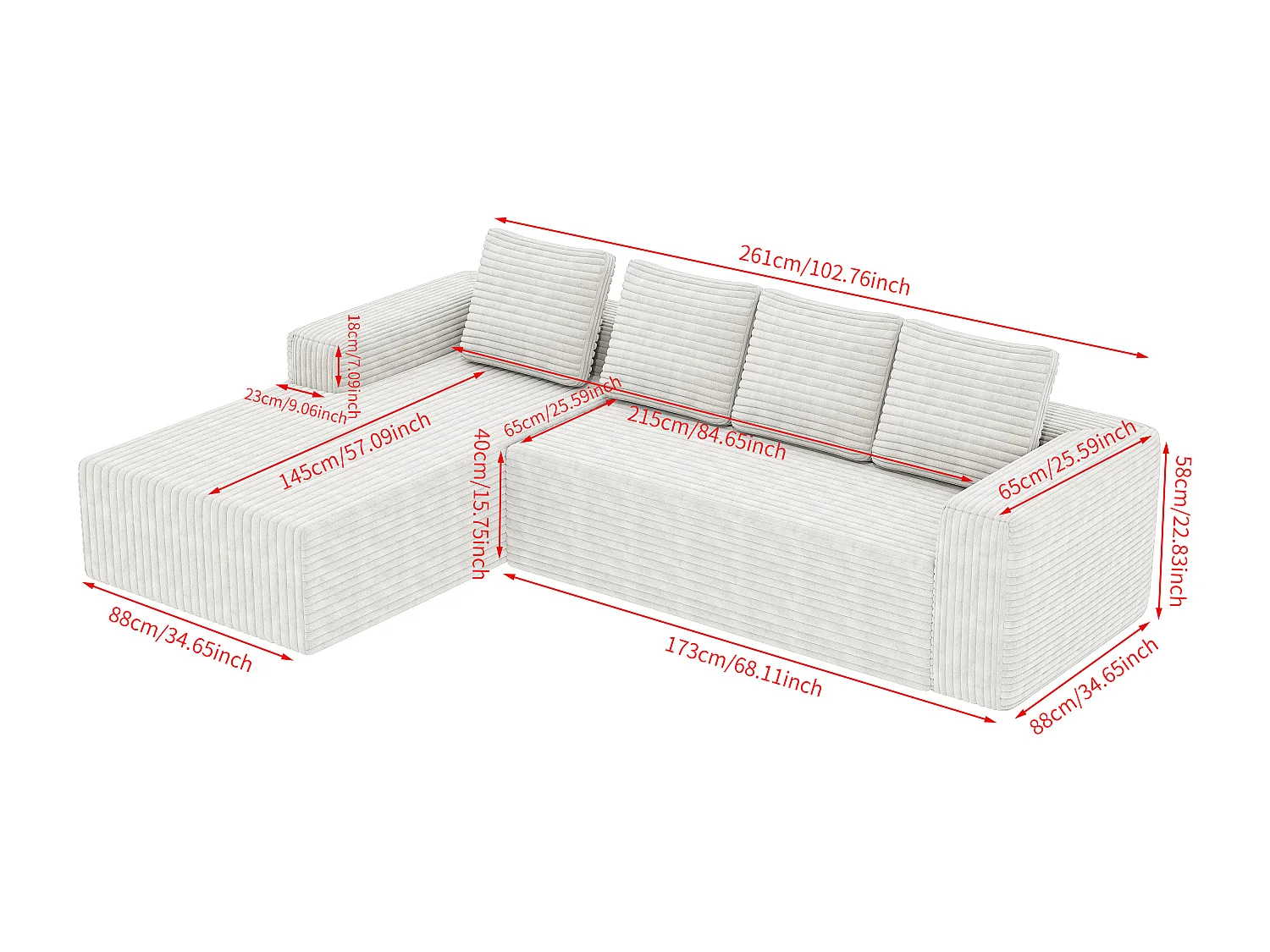 Canapé d'angle 4 places avec méridienne - Velours côtelé blanc (sans montage)