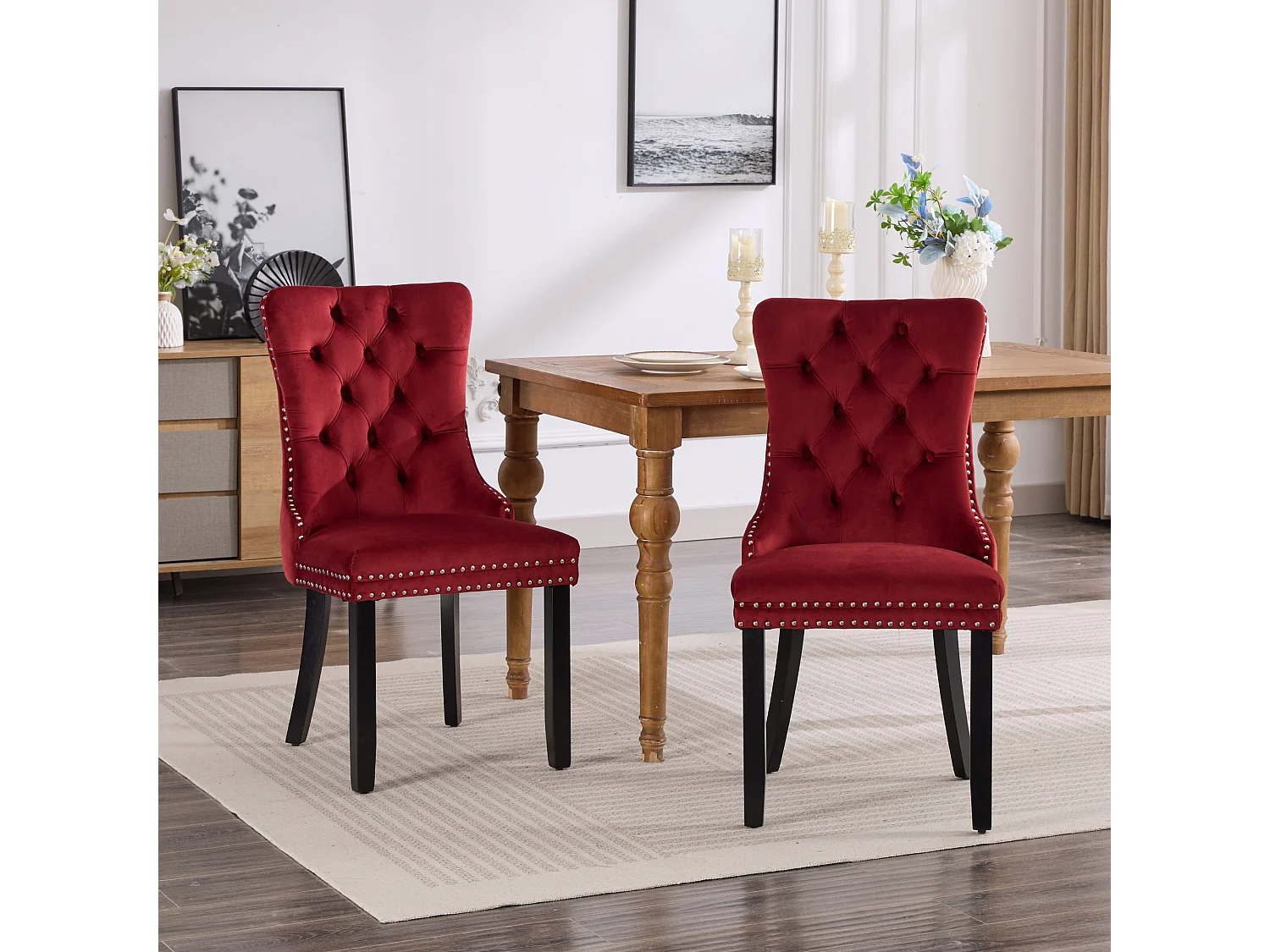 Set van 2 fluwelen stoelen - Houten poten en decoratieve nagels - Bordeauxrode kleur