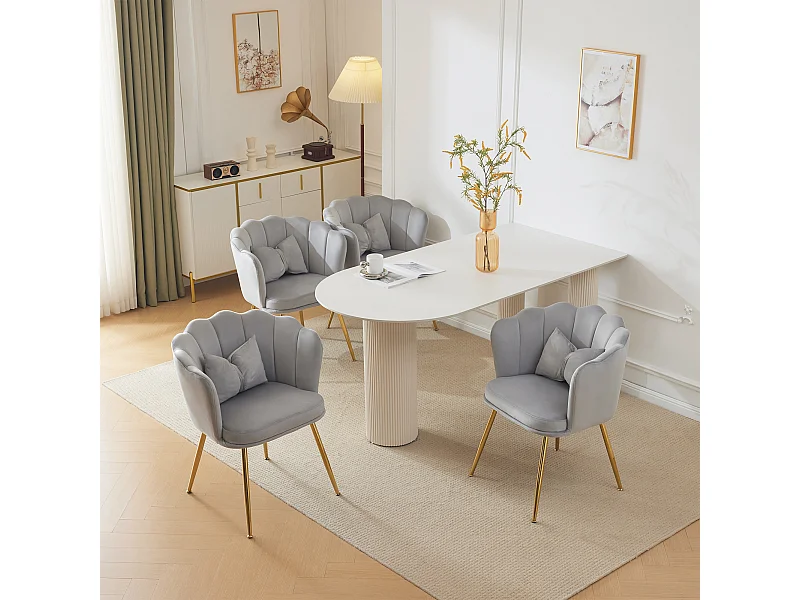 Set van 4 fluwelen stoelen met lendensteun - Gouden metalen poten - Grijs