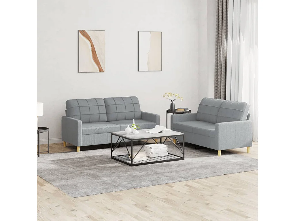Set di Divani 2 pz con Cuscini Grigio Chiaro in Tessuto