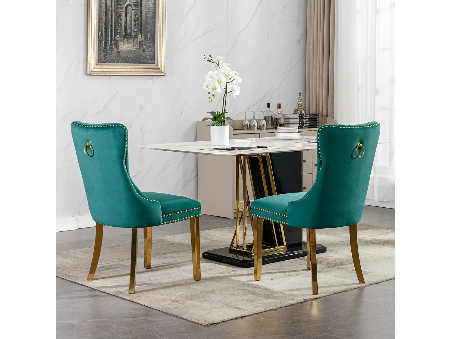 Set van 2 fluwelen stoelen met gouden metalen poten - Afgewerkt met studs - Groen