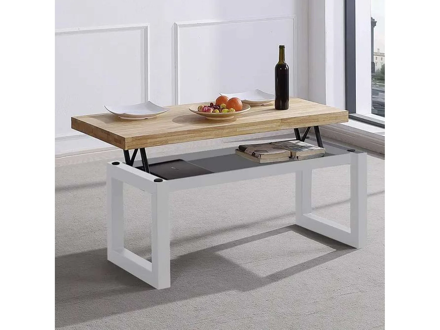 Mesa Centro Elevable Nórdico Roble Nordish Blanco 120x48x60cm