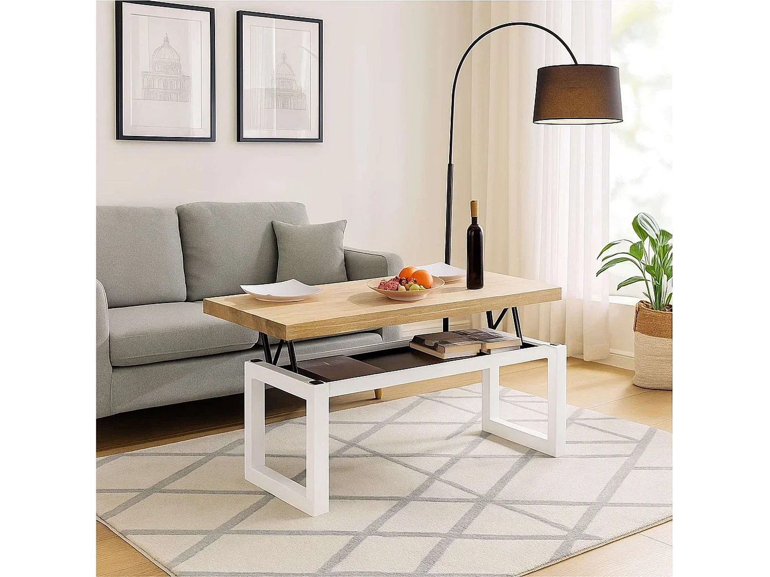Mesa Centro Elevable Nórdico Roble Nordish Blanco 120x48x60cm