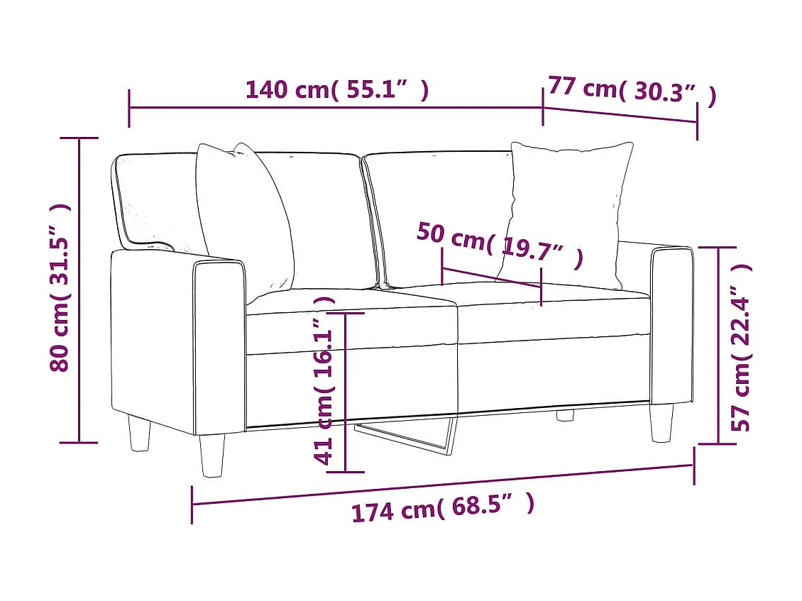 Canapé 2 places avec oreillers décoratifs noir 140cm similicuir