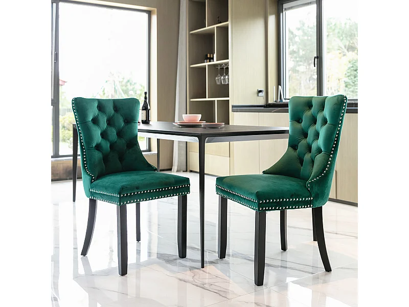 Lot de 2 chaises en velours - Pieds en bois et clous décoratifs - Vert