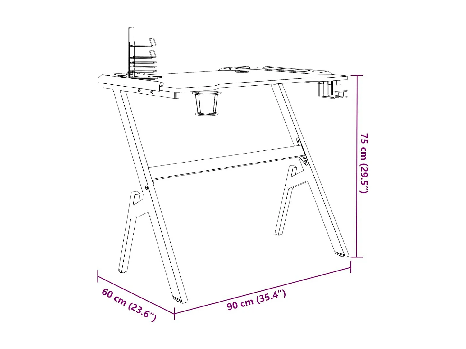 Gamingbureau met Y-vormige poten LED 90x60x75 cm zwart