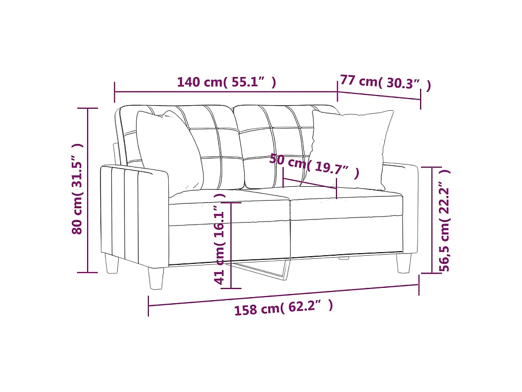 Canapé 2 places avec oreillers décoratifs noir 140cm similicuir