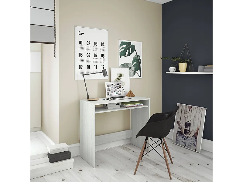 Białe biurko design GASTON 79x43x78 cm z stałą półką i schowkiem, idealne do pokoju nastolatka lub biura dla dorosłych