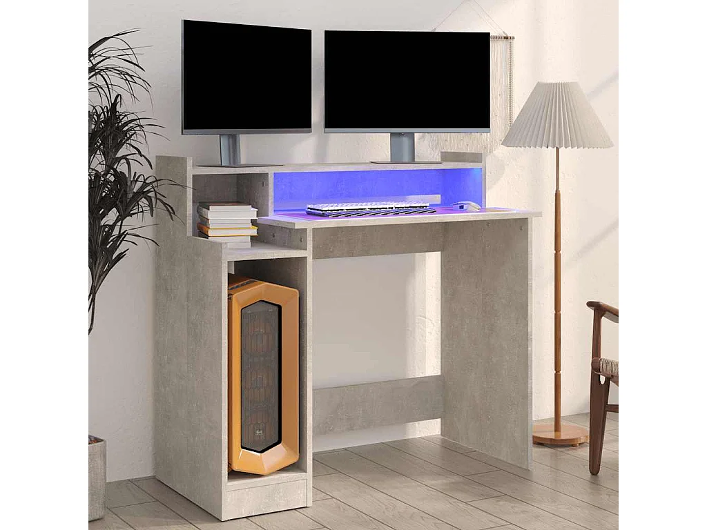 Bureau met LED-verlichting 97x45x90 cm bewerkt hout betongrijs