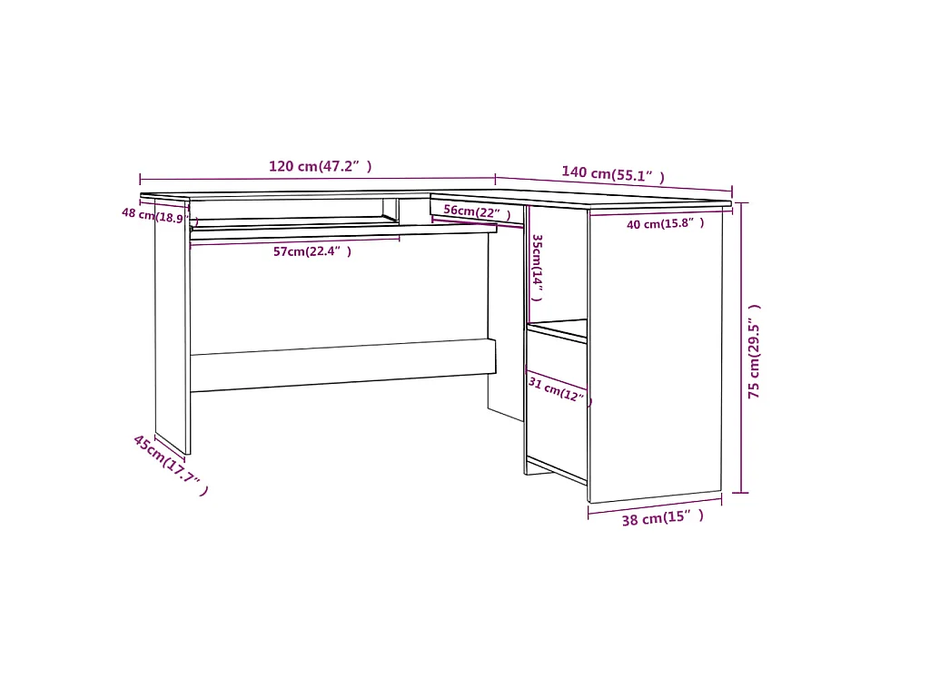 Scrivania Angolare a L Bianca 120x140x75cm in Legno Multistrato