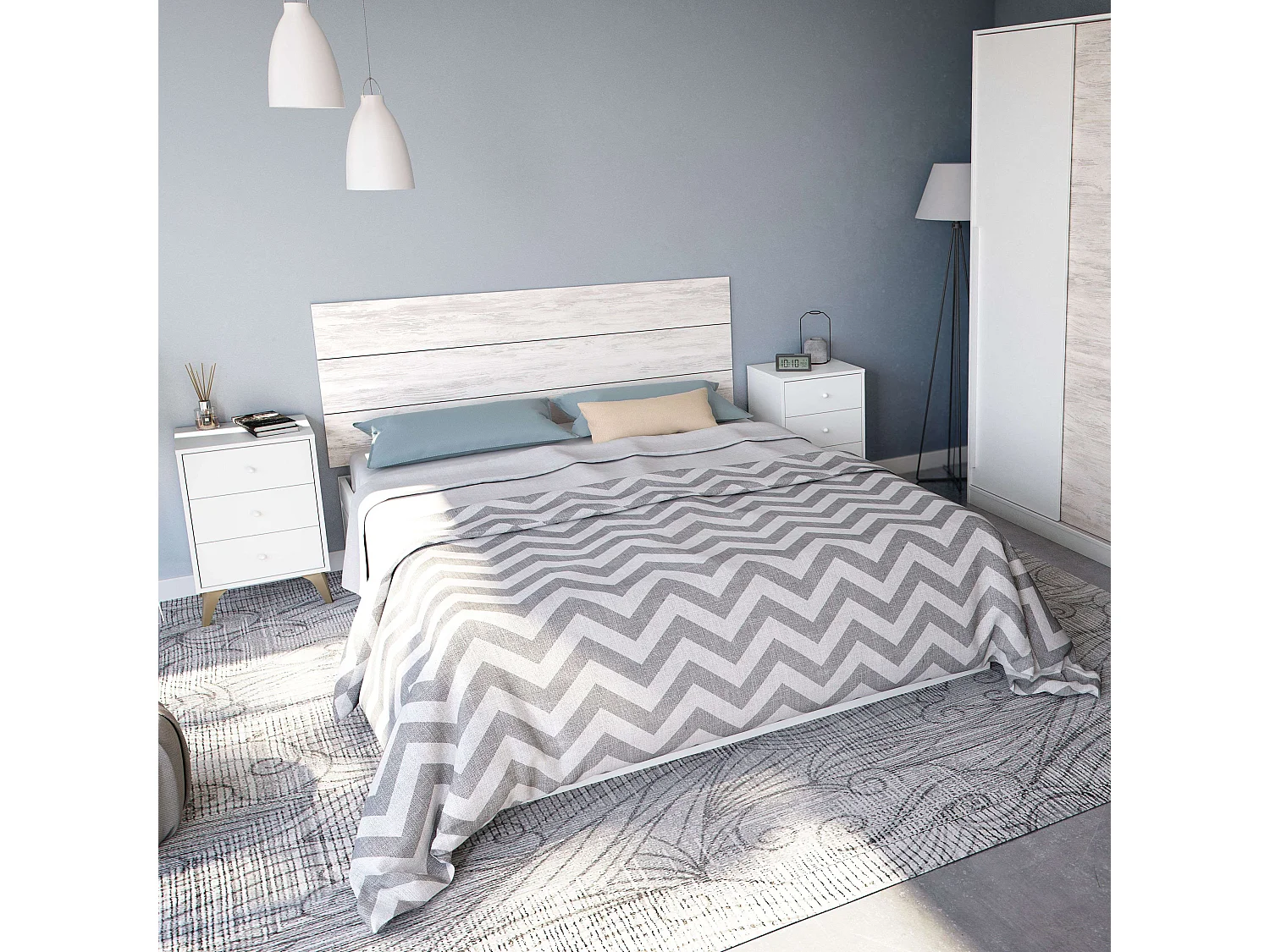 Cabezal cama Matrimonio Sweet 135/150 cm 2 mesitas 3 cajones blanco velho