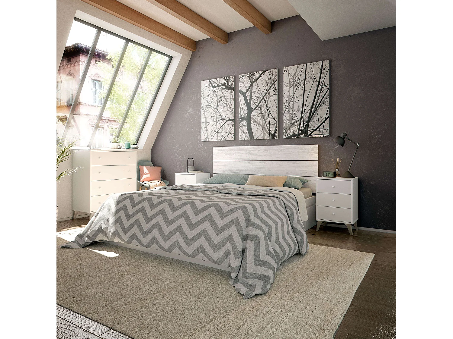 Cabezal cama Matrimonio Sweet 135/150 cm 2 mesitas 3 cajones blanco velho