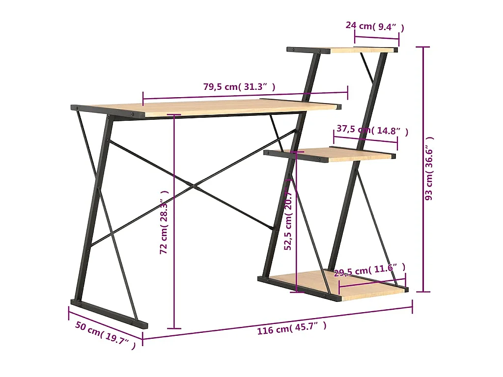 Bureau avec étagère Noir et chêne 116x50x93 cm