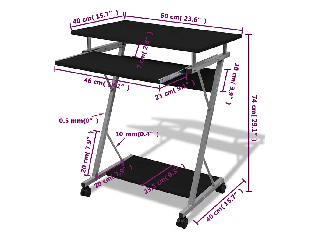 Bureau d'ordinateur compact avec plateau à clavier Noir