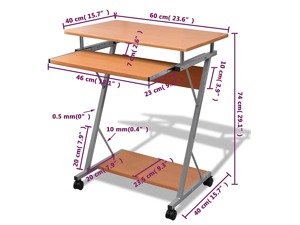 Studenten computerbureau 60 x 40 x 74 cm (bruin)