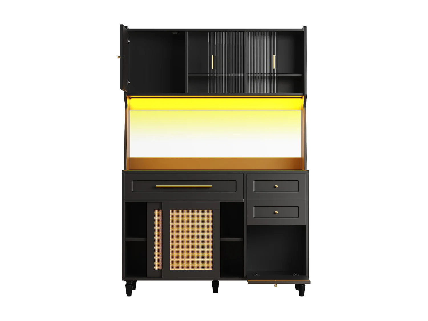 Credenza da cucina con 4 ante scorrevoli, 3 cassetti e illuminazione a LED - Legno, rattan e vetro - Nero