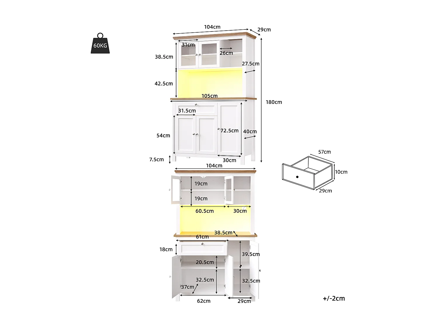Keukendressoir met 5 deuren, lade en ledverlichting - verstelbare planken - wit