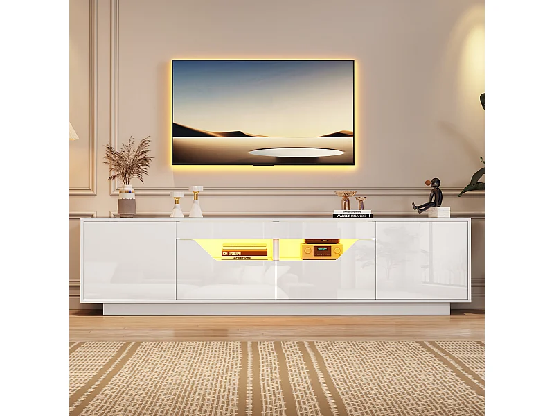 Meuble TV blanc 180 x 40 x 45 cm - 2 tiroirs et 2 portes - Finition laquée brillante