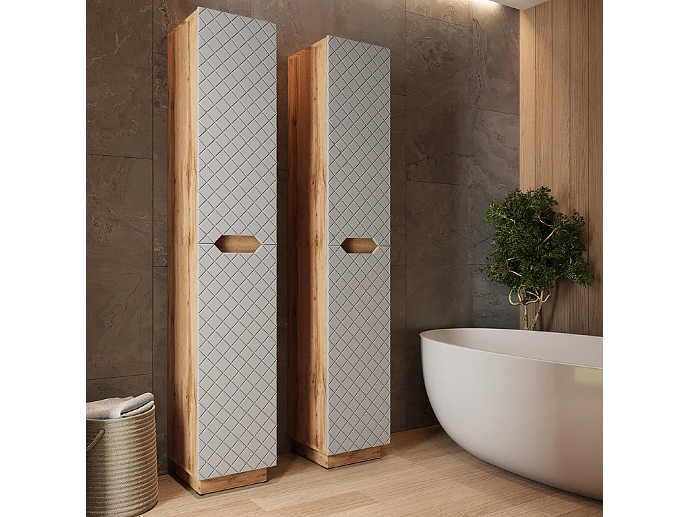 Meuble salle de bain chêne/gris avec structure en carreaux 33x35x186 lotta