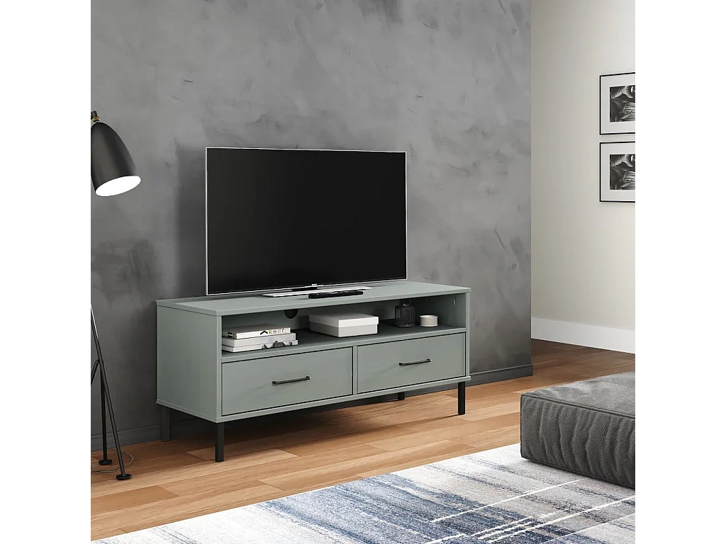TV-Schrank OSLO mit Metallbeinen Grau Massivholz Kiefer