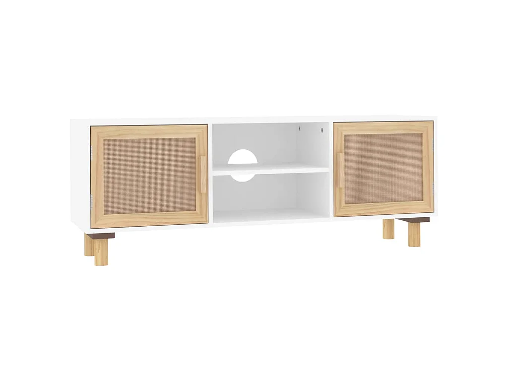 TV-Schrank Weiß 105x30x40 cm Massivholz Kiefer Natur-Rattan