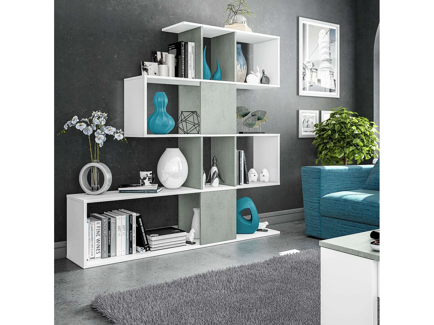 Étagère ZigZag, ciment/blanc mat, 145x29x145 cm