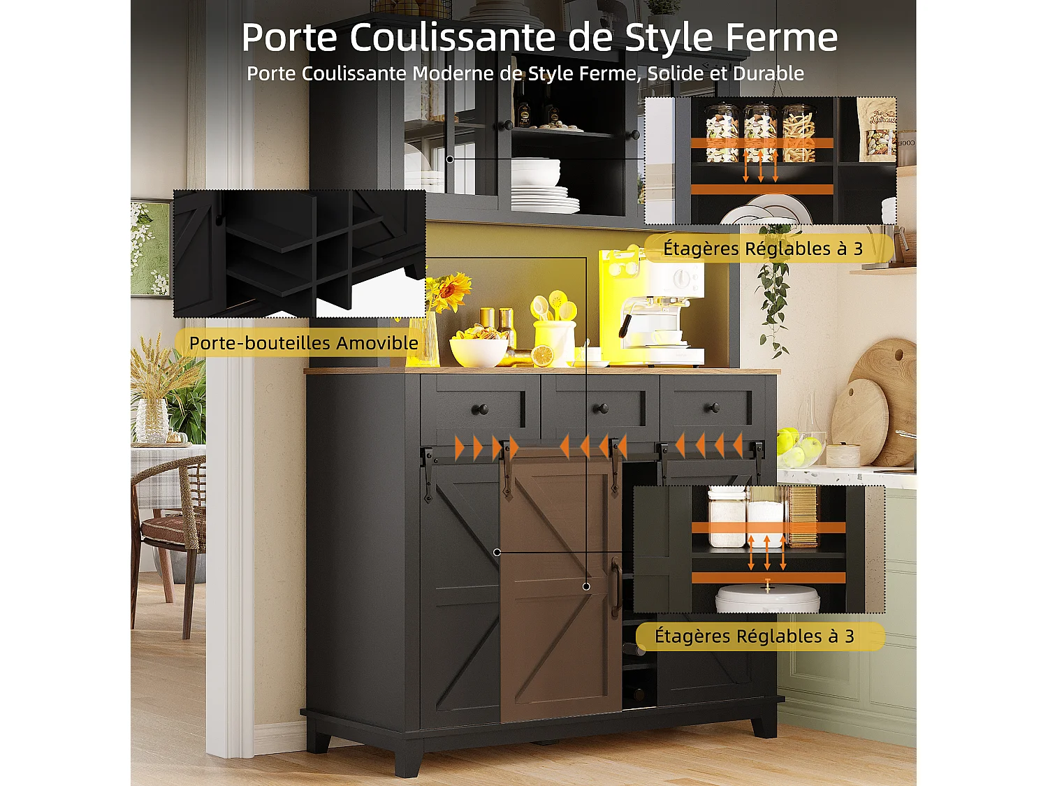 Credenza da cucina con 4 ante, 3 cassetti, portabottiglie e illuminazione a LED - Legno MDF - Nero
