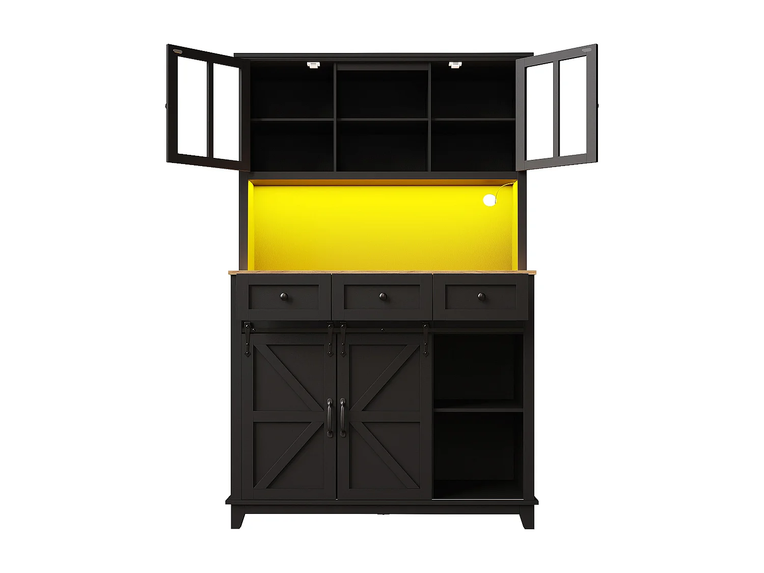 Credenza da cucina con 4 ante, 3 cassetti, portabottiglie e illuminazione a LED - Legno MDF - Nero