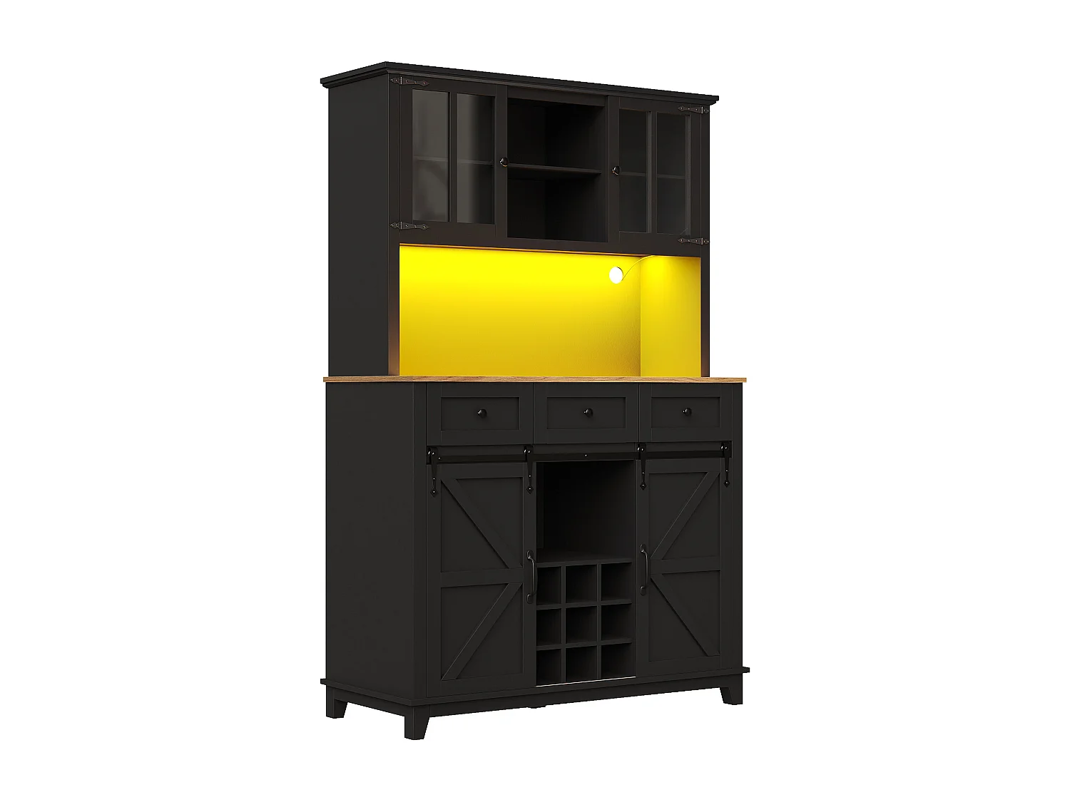 Credenza da cucina con 4 ante, 3 cassetti, portabottiglie e illuminazione a LED - Legno MDF - Nero