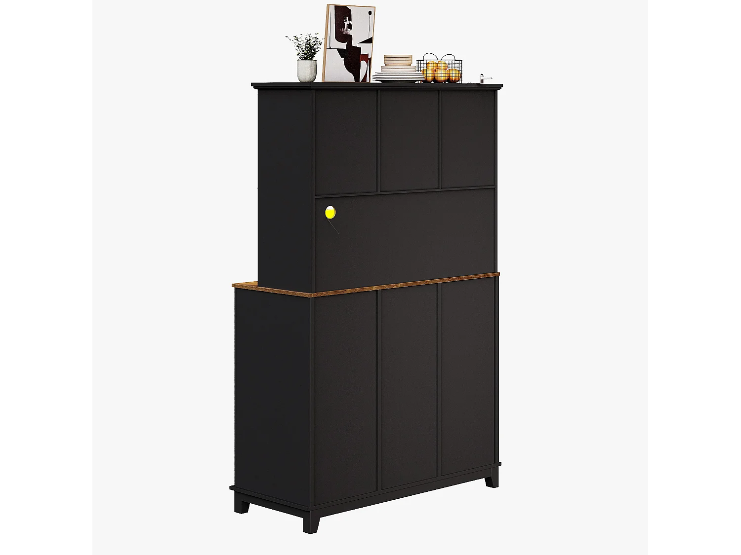Credenza da cucina con 4 ante, 3 cassetti, portabottiglie e illuminazione a LED - Legno MDF - Nero