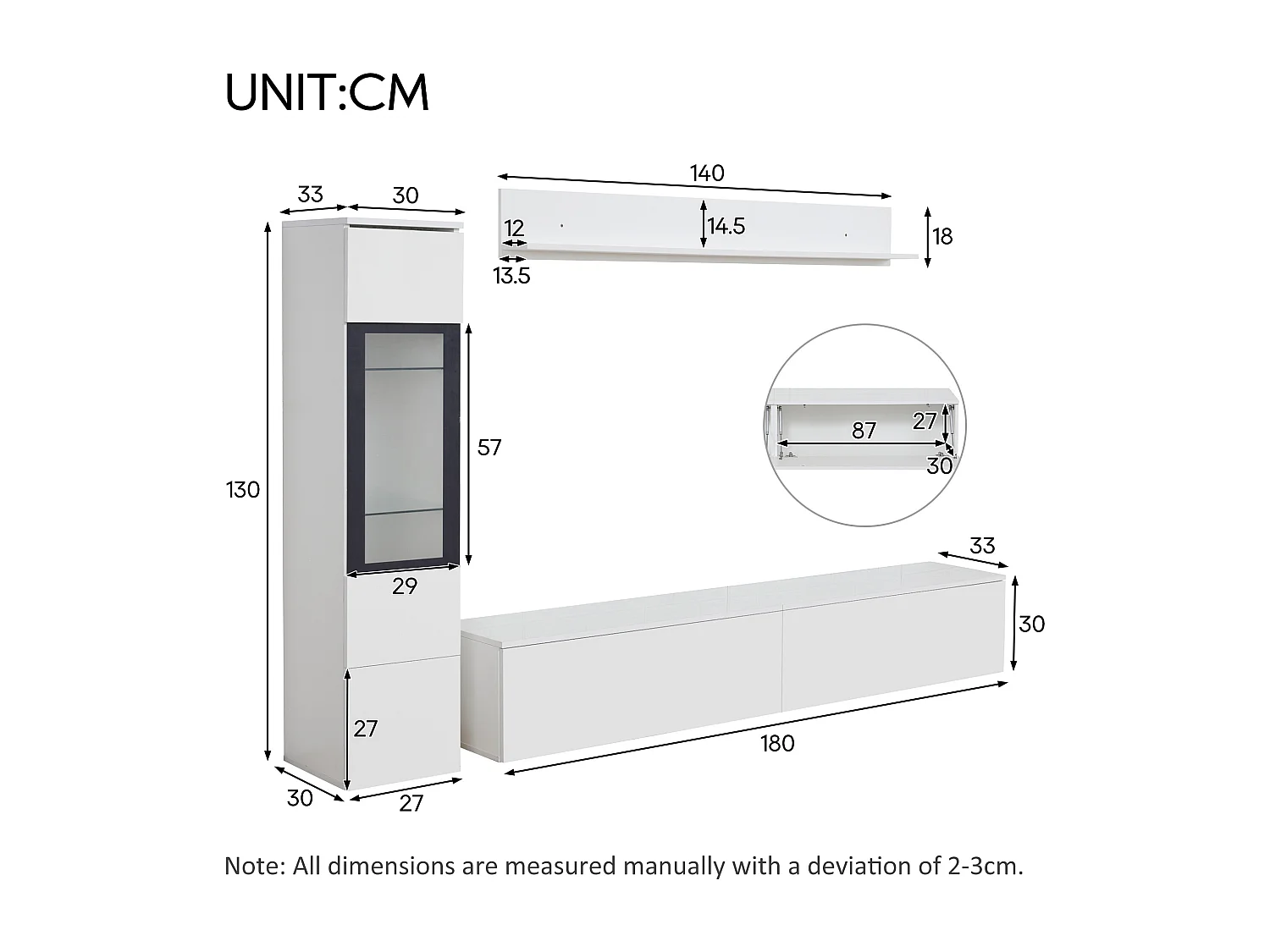 Ensemble de meubles TV muraux 3 pièces avec LED et rangement - Blanc brillant