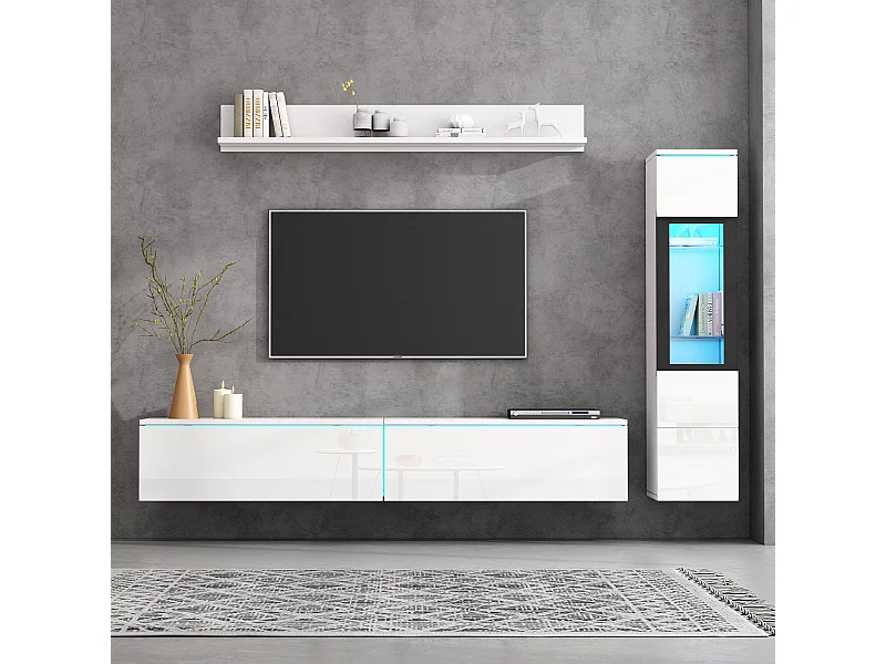 Ensemble de meubles TV muraux 3 pièces avec LED et rangement - Blanc brillant