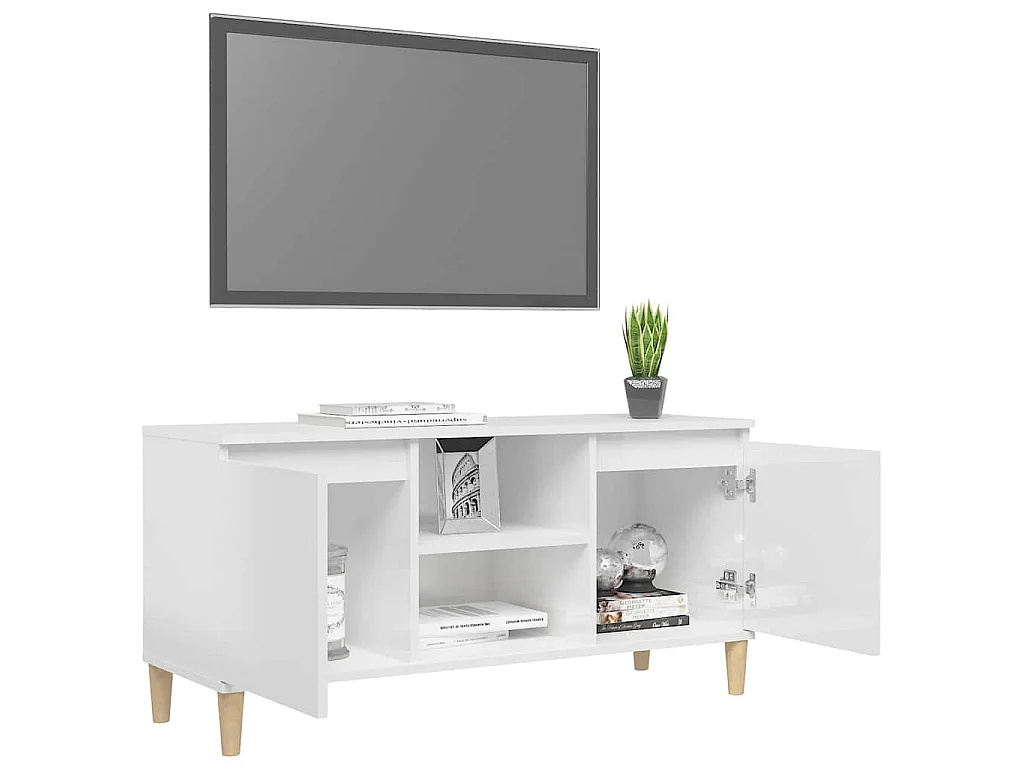 Meuble TV avec pieds en bois Blanc brillant 103,5x35x50 cm