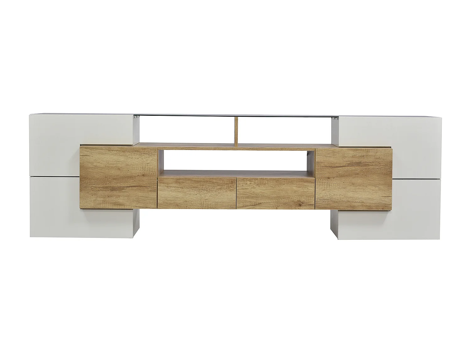 Tv-meubel met ledverlichting, 6 deuren en 2 lades - Glazen blad - Wit en hout