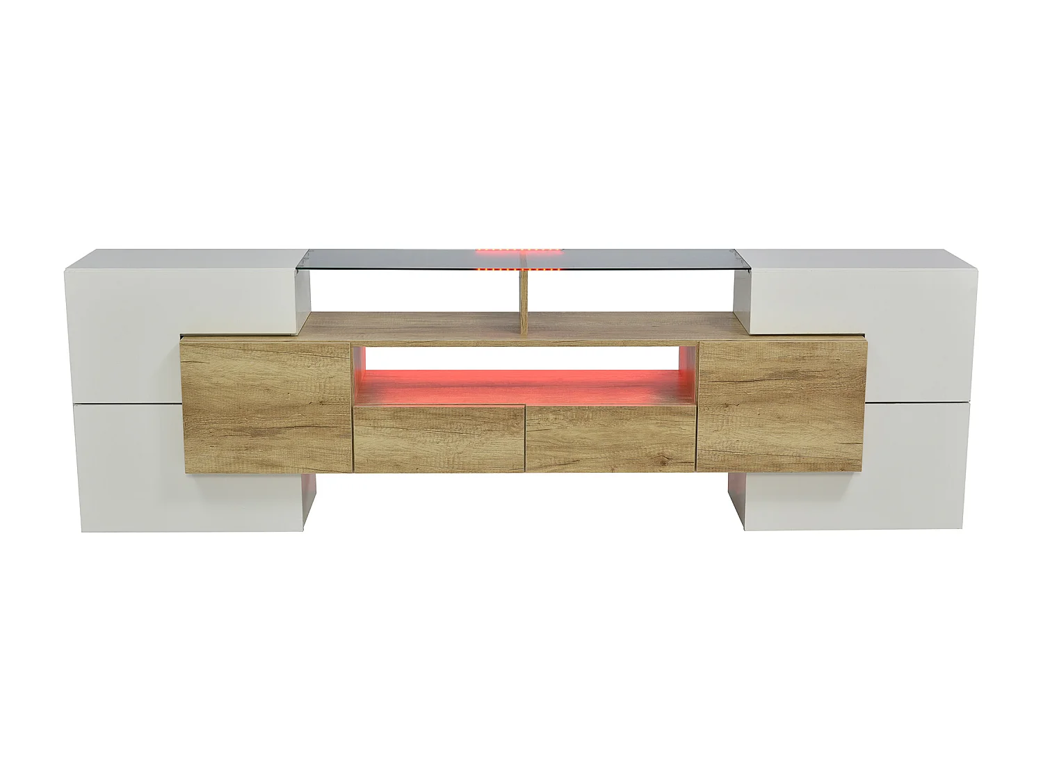 Tv-meubel met ledverlichting, 6 deuren en 2 lades - Glazen blad - Wit en hout