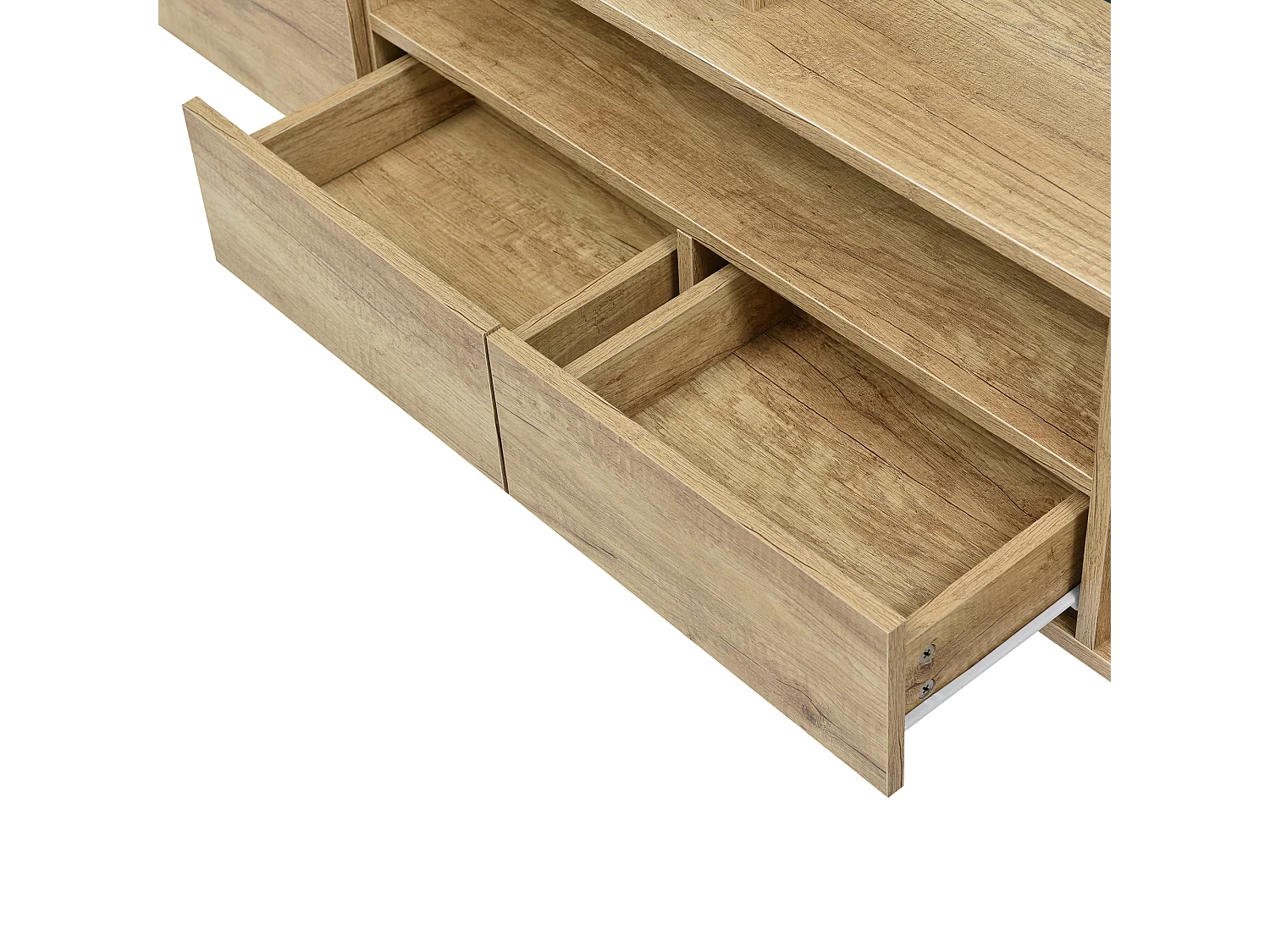 Tv-meubel met ledverlichting, 6 deuren en 2 lades - Glazen blad - Wit en hout