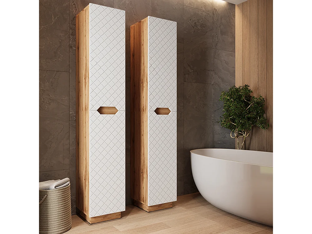 Meuble salle de bain chêne/blanc avec structure en carreaux 33x35x186 lotta