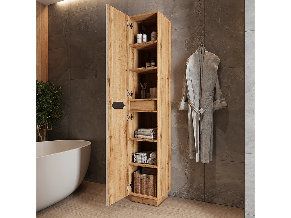 Meuble salle de bain chêne/blanc avec structure en carreaux 33x35x186 lotta