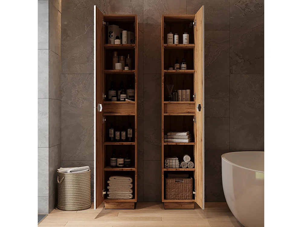 Meuble salle de bain chêne/blanc avec structure en carreaux 33x35x186 lotta