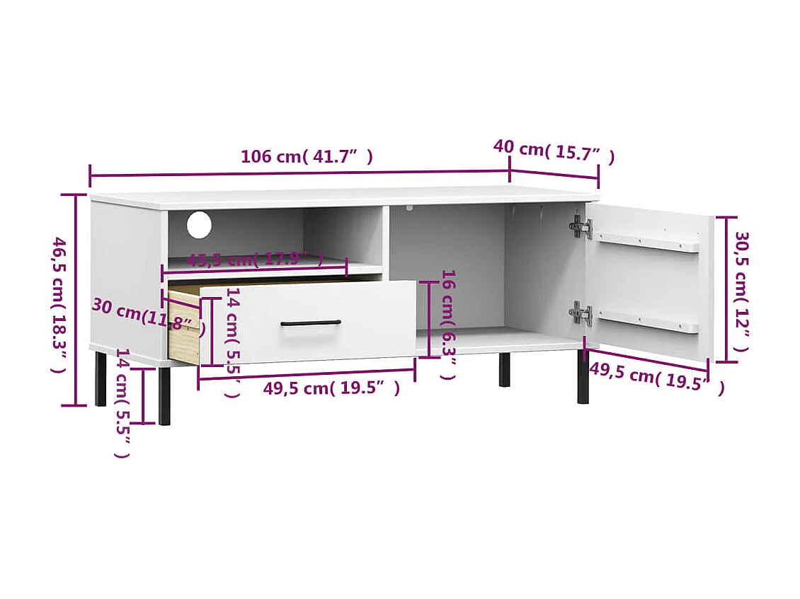 Meuble TV avec pieds en métal Blanc Bois de pin massif OSLO