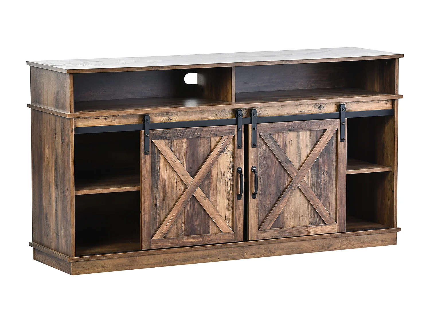 Meuble TV avec 2 portes coulissantes et 2 tiroirs - Blanc et bois