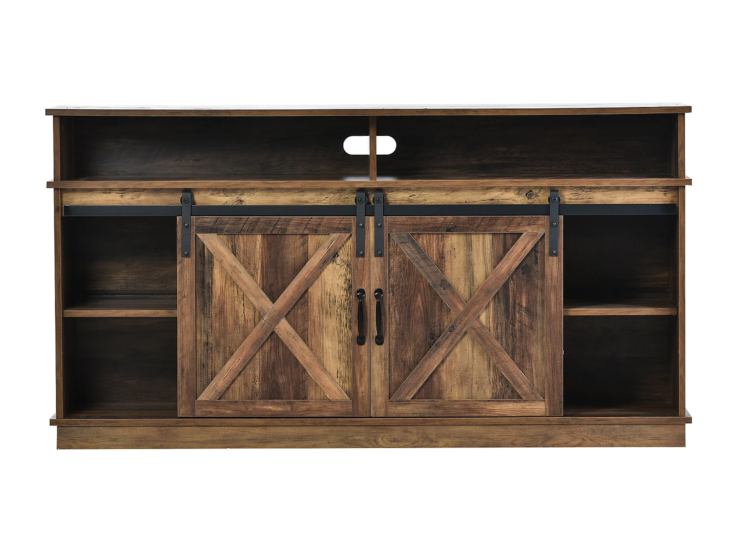 Meuble TV avec 2 portes coulissantes et 2 tiroirs - Blanc et bois