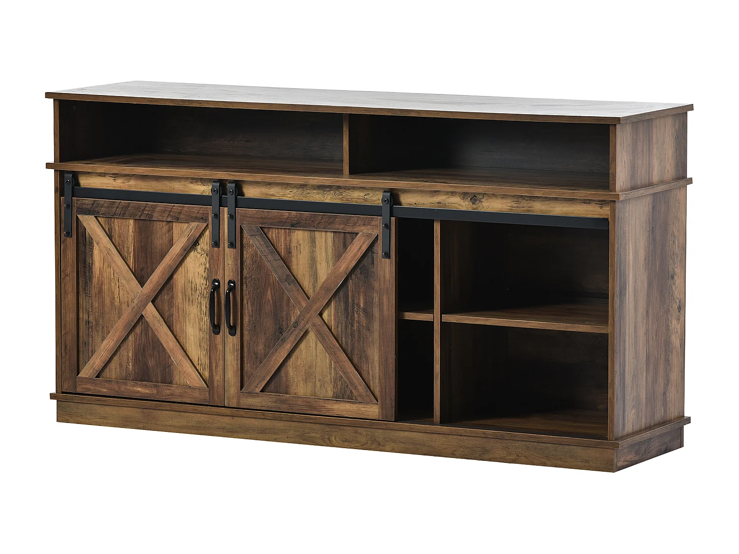 Meuble TV avec 2 portes coulissantes et 2 tiroirs - Blanc et bois