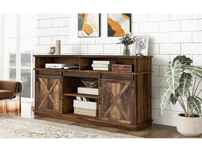 Meuble TV avec 2 portes coulissantes et 2 tiroirs - Blanc et bois