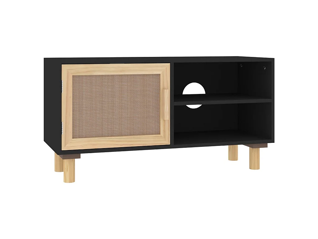 Meuble TV Noir 80x30x40 cm Bois de pin massif et rotin naturel