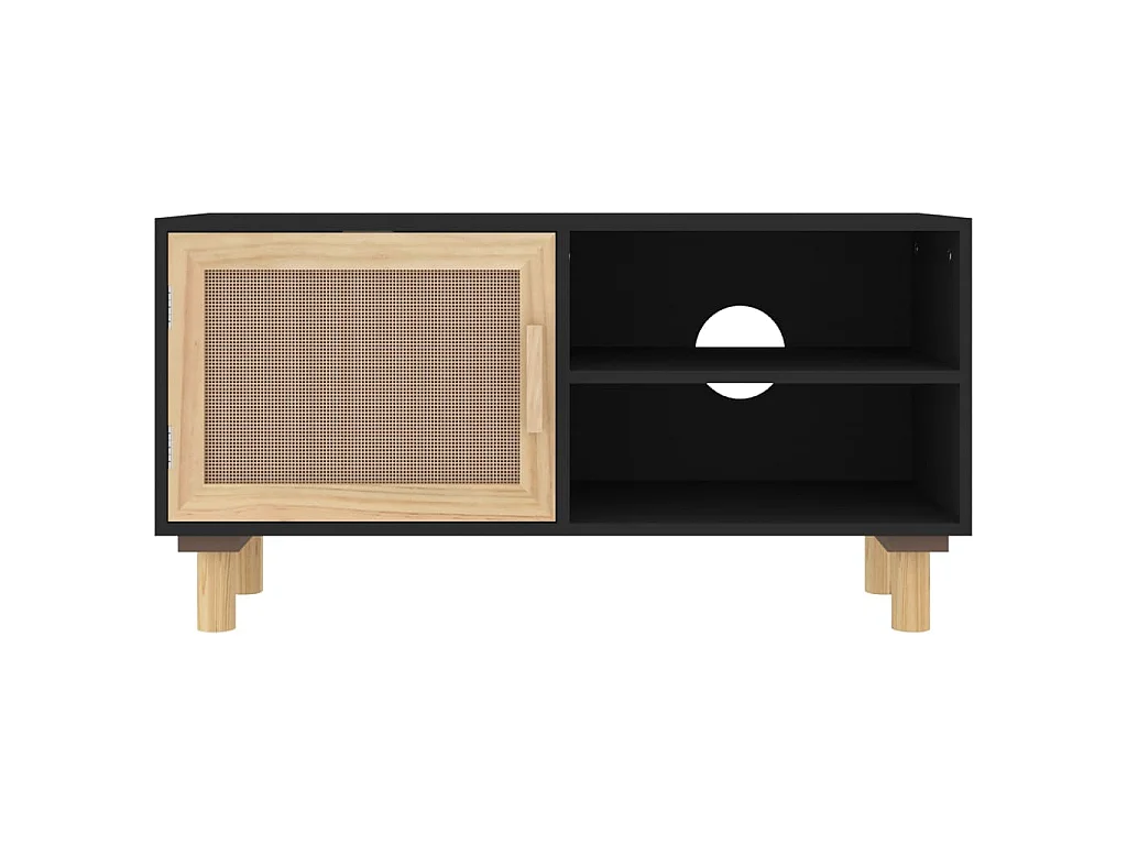 Meuble TV Noir 80x30x40 cm Bois de pin massif et rotin naturel