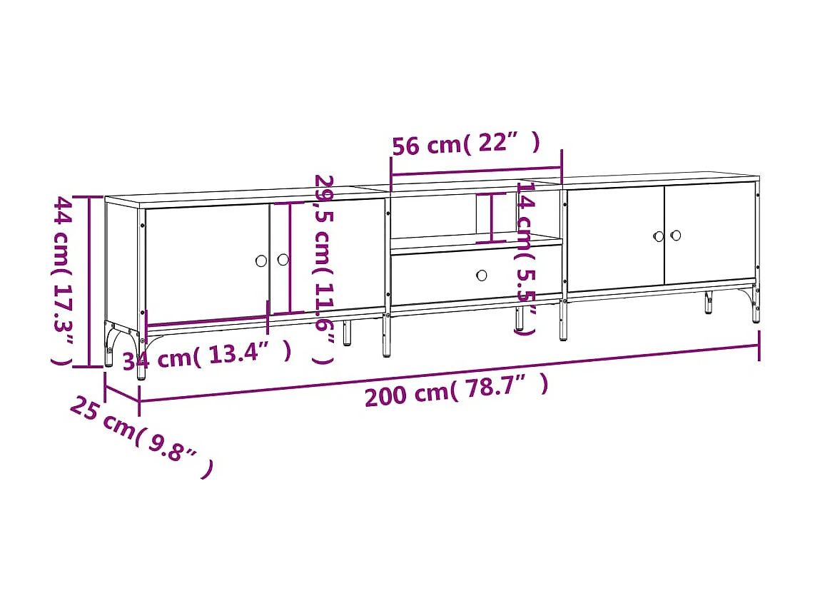 Tv-meubel met lade 200x25x44 cm bewerkt hout grijs sonoma eiken