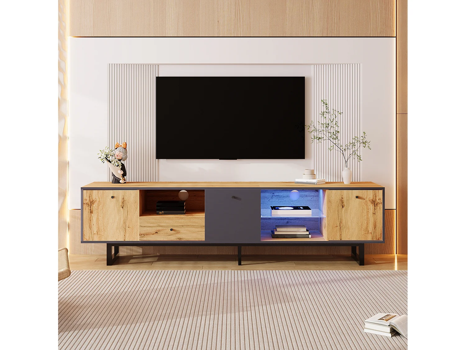 Meuble TV avec LED ,3 portes et tiroir - Pieds en métal - Naturel clair et gris
